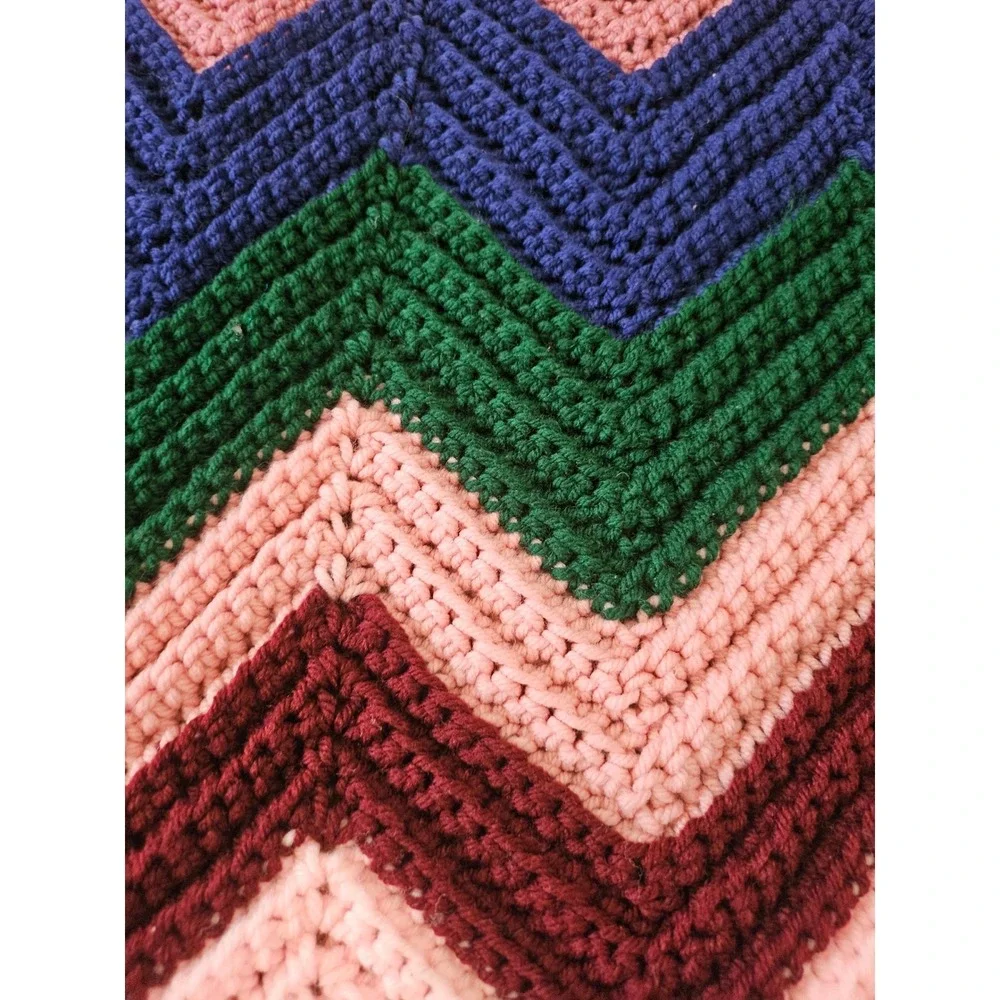 Handmade Crochet Afghan Blanket Chevron Ripple Pink Green Blue Cream 74x42 Throw - Picture 2 of 4
